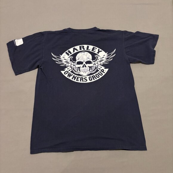 Harley Davidson T Shirt Medium Navy Blue Skull Pocket Y2K Biker Owners Group - Picture 5 of 6